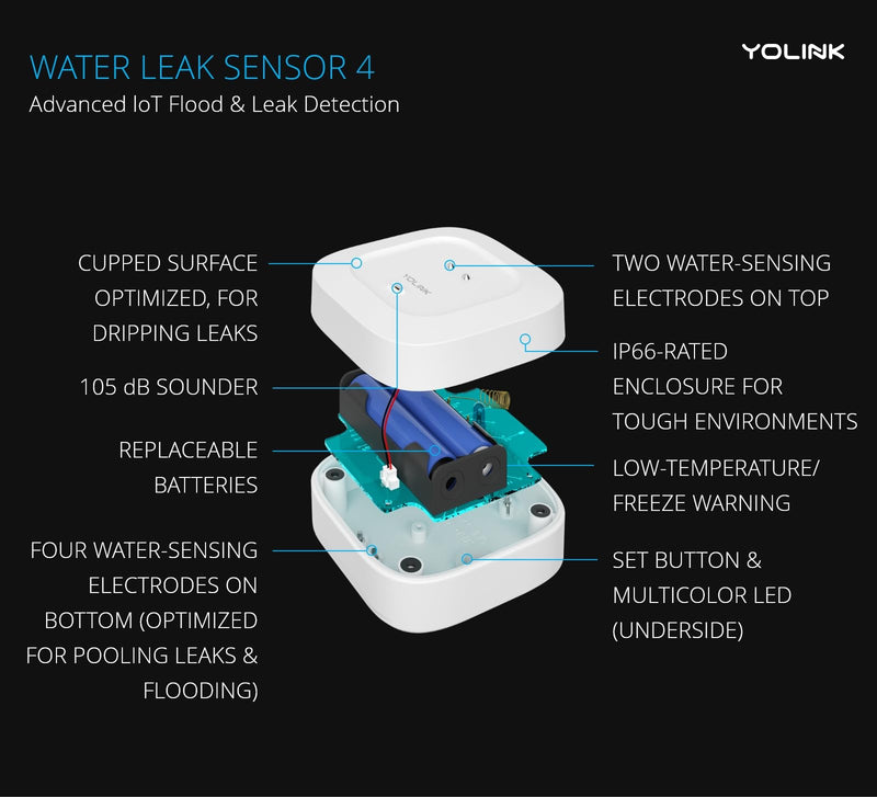 YoLink Water Leak Detector 4 with 105dB Audio Alarm, Freeze Warning, App Push, Email Alerts and Limited Text - Smart Water Sensor Alarm w/ Alexa, IFTTT - 1/4 Mile Long Range, Hub Required