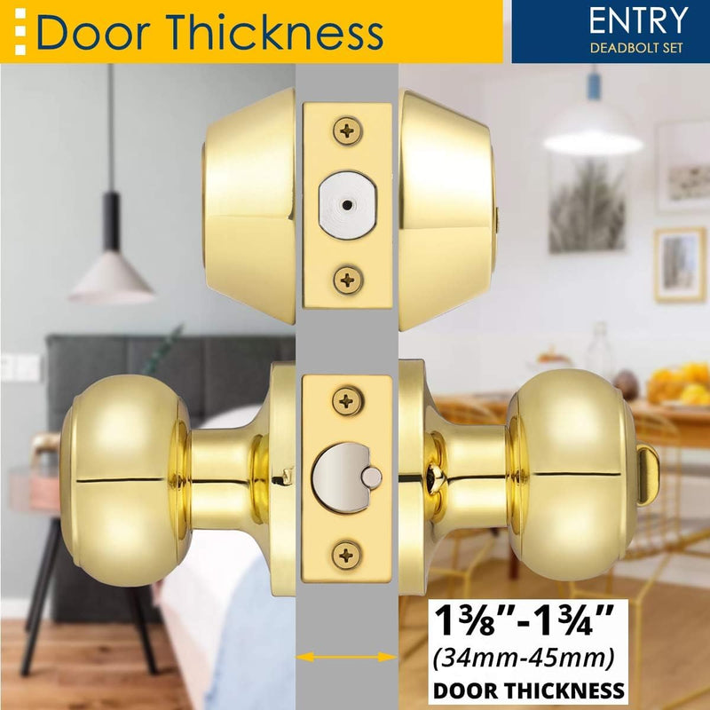 2 Pack Polished Brass Round Entry Door Knobs and Deadbolt Combination Set, Keyed Alike Double Cylinder Deadbolt Door Lock Set 2