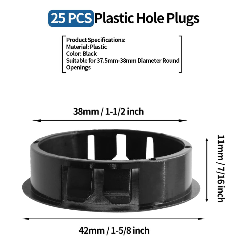 Bivethoi 25PCS Plastic Hole Plugs 38mm / 1-1/2 Inch Hole Cover, Black Flush Type Hole Plug Snap in Plastic Plugs, Pipe Post Hole Cap Tube Insert Plug Round End Cap Panel Plug for Chair Table Furniture