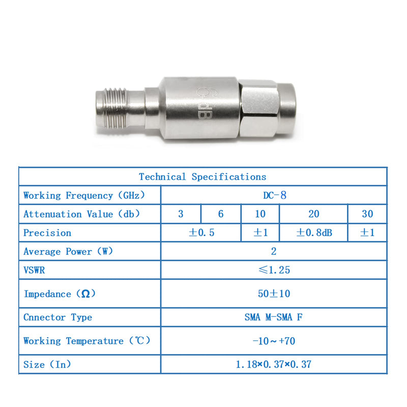 TOJOIN SMA Male to Female Attenuator/SMA Attenuator/Coaxial RF Attenuator, DC to 8GHz, 50Ohm, 2W, 6dB, SMA 8G Attenuator 5PCS 2W 8G 6dB-5pcs