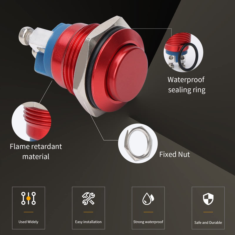STARELO 16MM 5/8" Momentary Push Button Switch High Round 250V AC 5A 12V 36V DC 2A 1NO SPST Waterproof Aluminum Shell(Red). Red