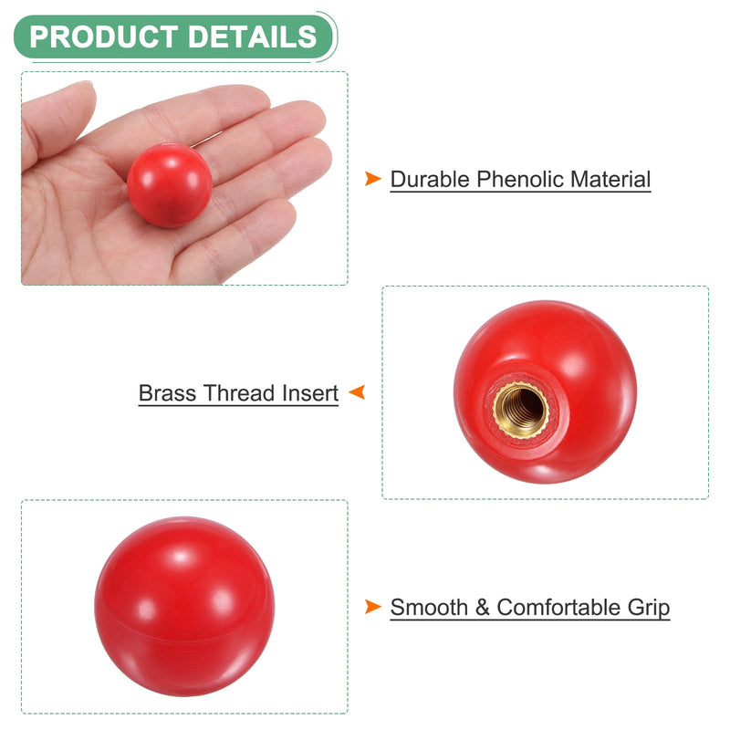 12-Pack Threaded Ball Knobs, M6 Female Thread 25mm Dia. Thermoset Ball Knob for Lathe/Machine/Lawn Mowers, Round Phenolic Brass Insert Lever Handle [Red] M6x25mm Red