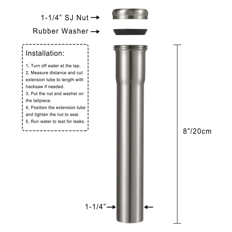 18 Gauge Brass Slip Joint Extension Tube 1-1/4” OD x 8” with Nut and Rubber Washer, P Trap Extension Tube, Sink Drain Tailpiece Tube Extension Heavy Duty, Brushed Nickel