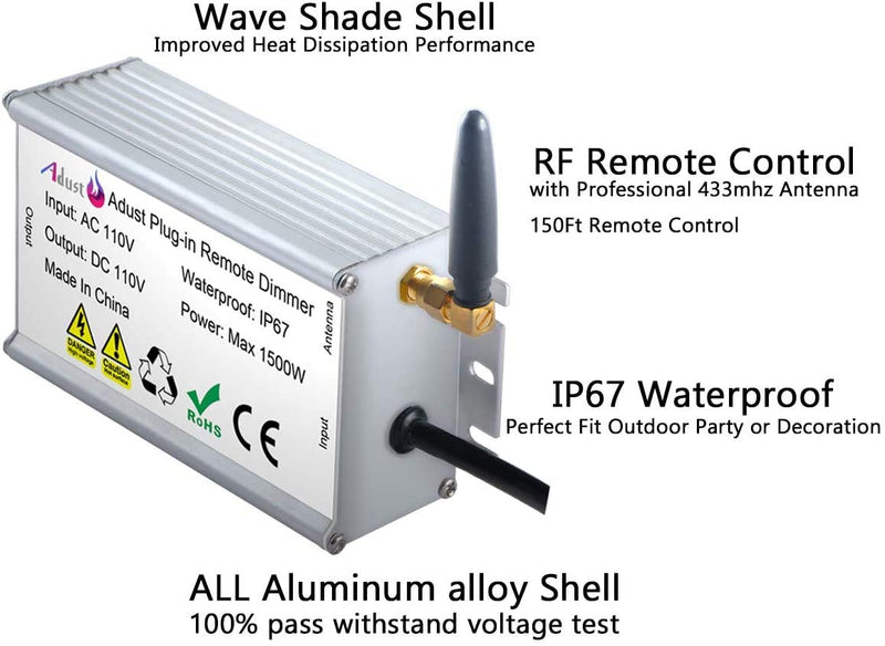 Outdoor Dimmer for String Lights 1500W, IP67 Waterproof/150FT Range/Timer Control/3 Prong Outlet for Outdoor LED String Lights & Incandescent Bulbs, Wireless RF Remote Plug-in Dimmer Switch
