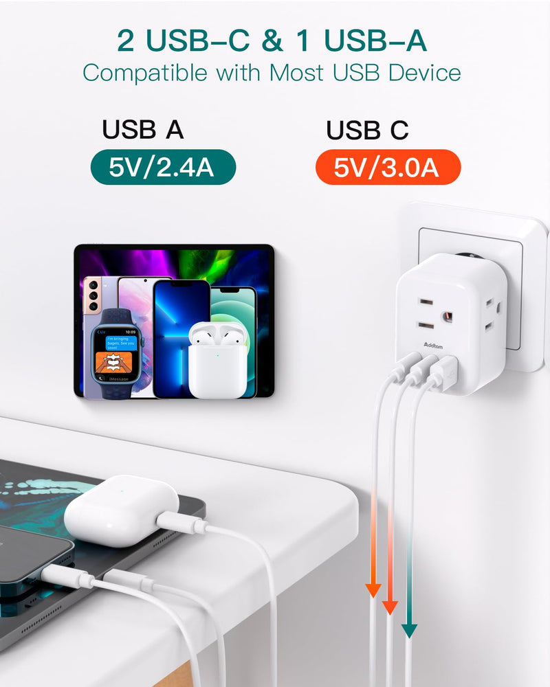 European Travel Plug Adapter, Addtam International Power Adapter with 3 Outlets 3 USB Charging Ports(2 USB C), Type C Adapter Travel Essentials to Most Europe EU Spain Italy France