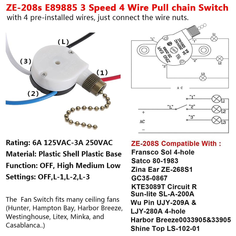 Ceiling Fan Switch Zing Ear ZE-208s E89885 3 Speed 4 Wire Pull Chain Switch Fan Light Switch Replacement Part with 4 Pre-Installed Wires(Bronze Chain) Bronze