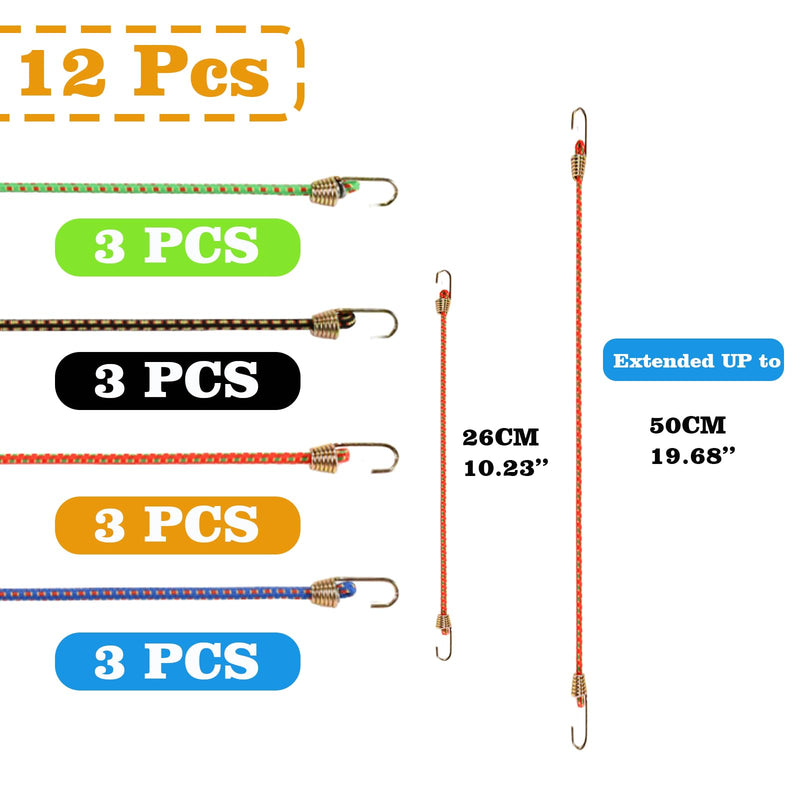 Small Bungee Cords with Hooks 12 Packs, 10" Mini Bungee Cord Hooks Adjustable Bungee Cord for Luggage Roof Rack Hang Outdoor Tent Tarp Bike Car RV Camping Tool Cargo Accessory