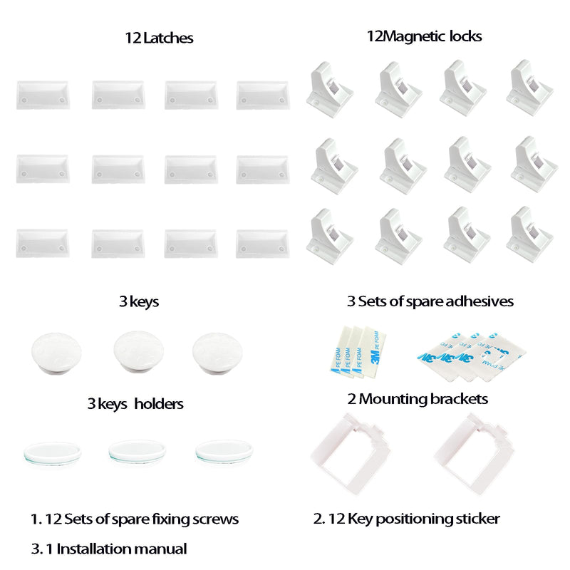(12 Locks + 3 Keys) Withletune Child Safety Magnetic Cabinet Locks - Child Safety Drawer Lock, Suitable for Kitchens, cabinets, and Storage cabinets - no Drilling Required, Adhesive Installation. 12