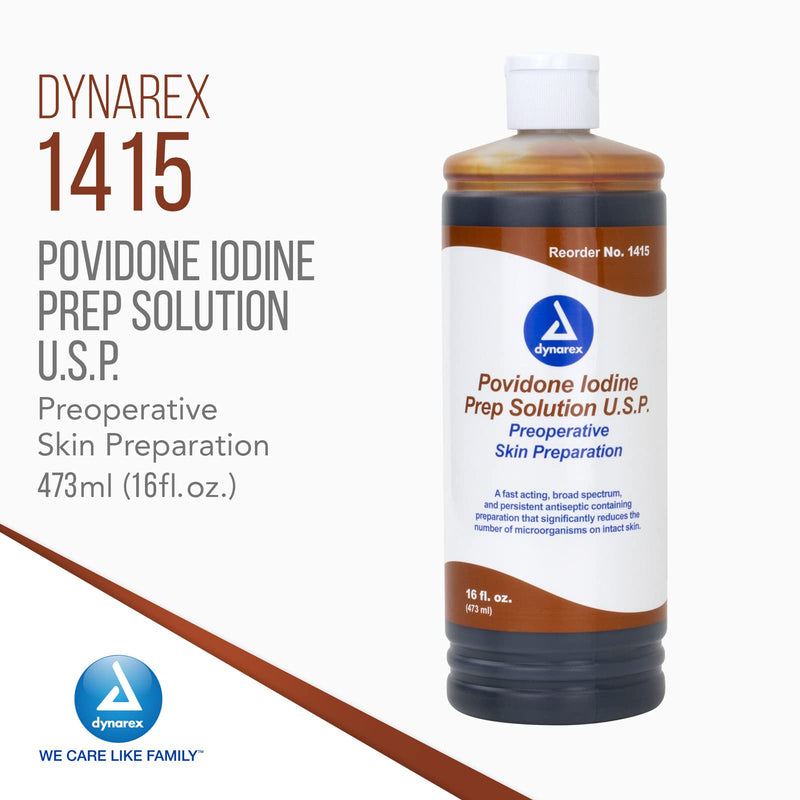Dynarex Povidone Iodine Prep Solution USP, Effective Topical Antiseptic Liquid for Skin and Mucosa, Cleansing and Preparation, Brown, 1 - 16 Fluid Oz. Bottle Unflavored 16 Fl Oz (Pack of 1)
