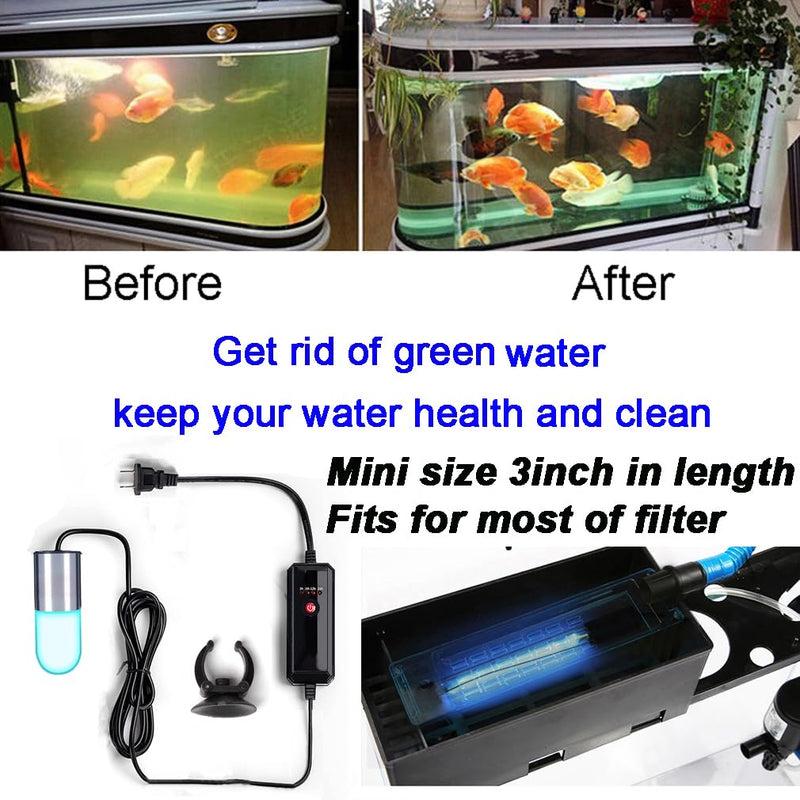 Aquarium UVC Clean Light Algae Clear Green Bloom Clean Fish Tank UVC Water Clean Lamp for Sump Pond Filter Tank (3W with Timer) 3W with Timer