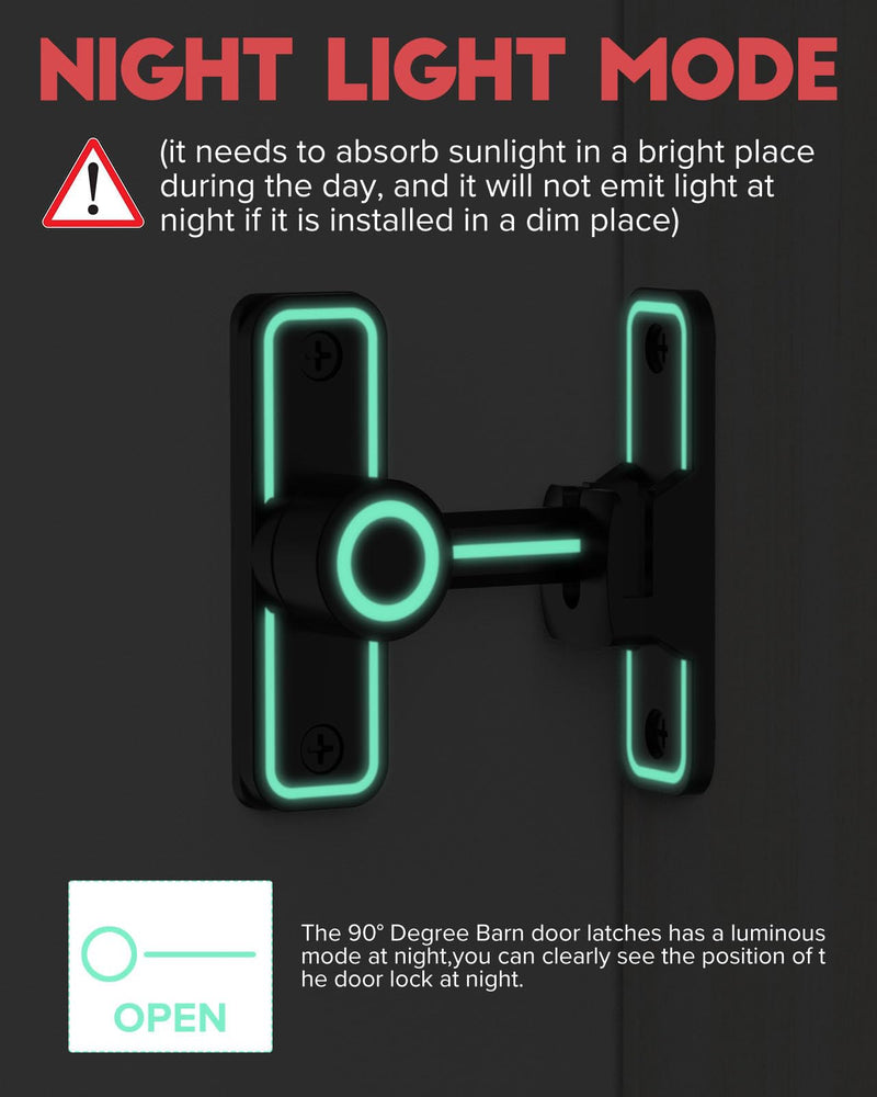 Heavy Duty Gate Latches 90 Degree Right Angle Barn Door Lock, Anti-Theft Sliding Door Lock Latch for Wooden Fence Garden Bathroom Outdoor Garage Window Include Screw (Luminous Black - 2 Pack) Luminous Black - 2 Pack