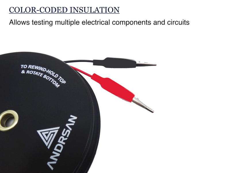 2 Wire 30’ Retractable Test Leads with 2” Alligator Clips, 18 Gauge Electrical Copper Wire, Impact-Resistant Reel, Black