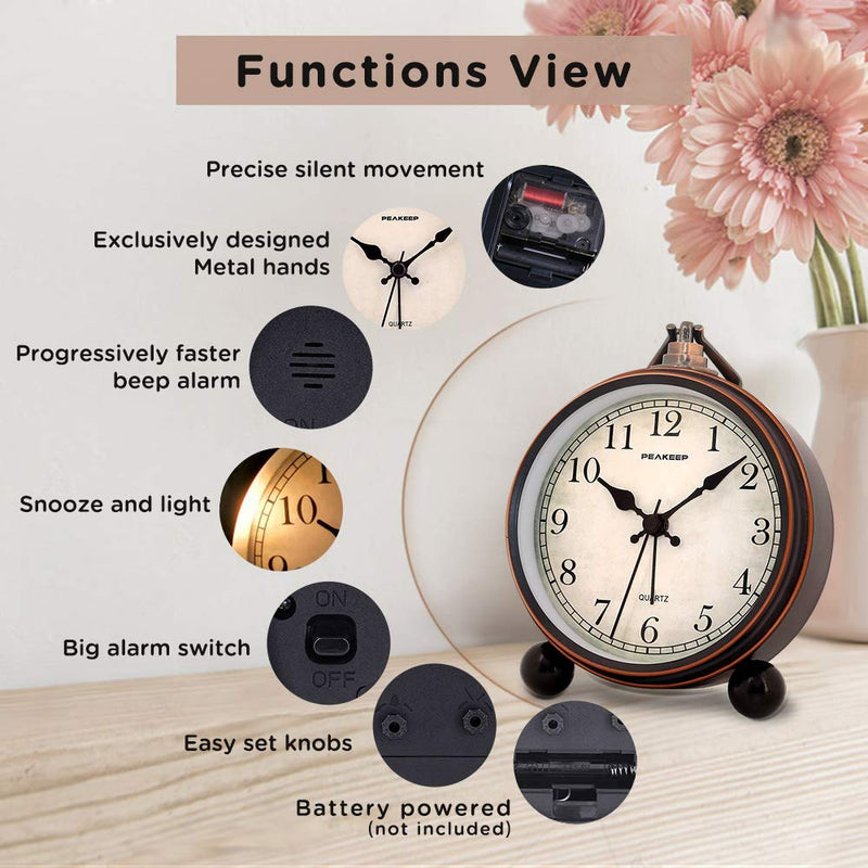 Peakeep 4" Small Battery Operated Antique Retro Analog Alarm Clock with Contour Lines in Gold for Room Decors, Silent Elegant Bedside Desk Gift Clock Black