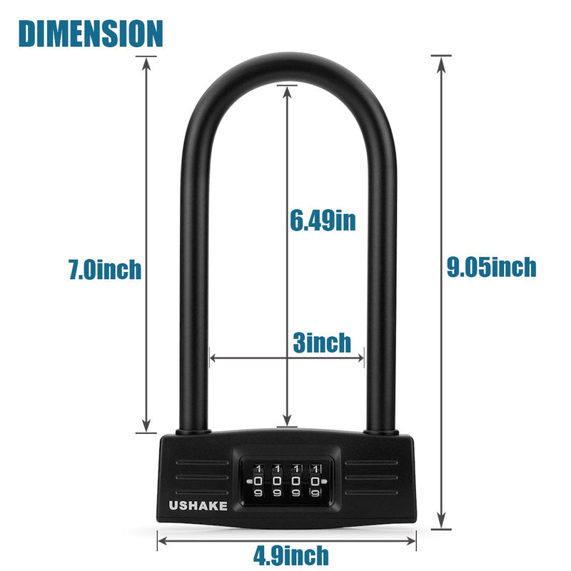 USHAKE Bike Combination U Lock, Heavy Duty Bike Combination U Lock Paddle Lock for Bicycle Electric Scooter Motorcycles Metal Fence Gate Anti Theft