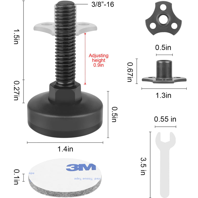 Heavy Duty Furniture Levelers 3/8''-16 Thread w/ T-Nut Kit Furniture Leveling Feet Adjustable Furniture Levelers for Tables,Cabinets,Chairs,Workbench,Sofa and More,Large Base Supports 1320LBs-4 Packs 4 Packs Black