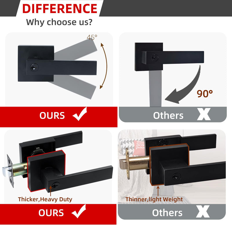 JO.KO Entry Door Lock Set, Square Door Lever for Bedroom, Passage Door Privacy Locking Interior/Exterior Entry Door Knob/Heavy Duty 1 Pack Matte Black