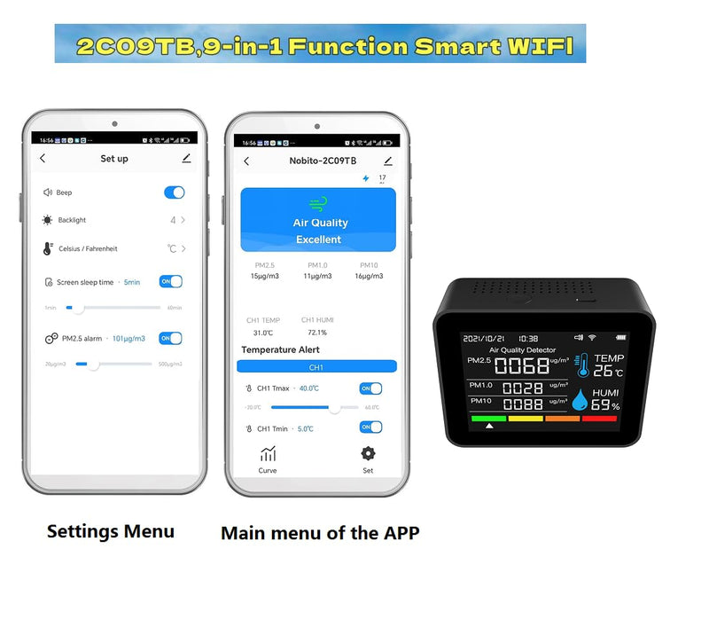 2CO9TB Smart WiFi Air Quality Monitor, Air Dust PM2.5 PM1.0 PM10 and Thermometer with Temperature and Humidity Alarm，Air Quality Tester for Bedroom, Indoor Detects，Smart Home