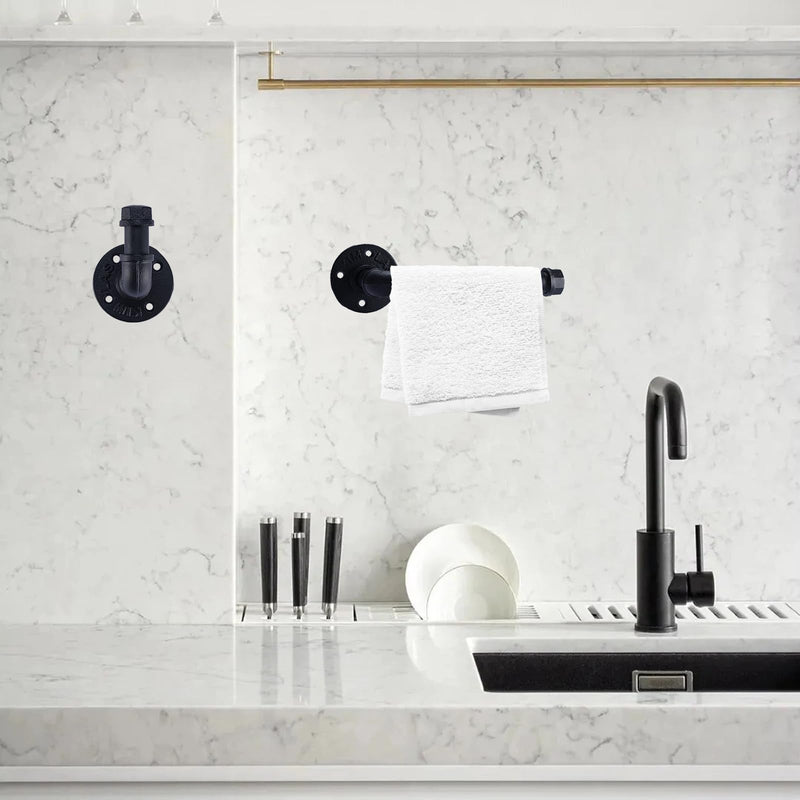 HighFree Industrial Pipe Bathroom Hardware Set, Matte Black Wall Mounted Hardware Accessories, Farmhouse Toilet Paper Holder, Towel Ring for Bathroom (Paper Holder+Towel Ring+Hook)