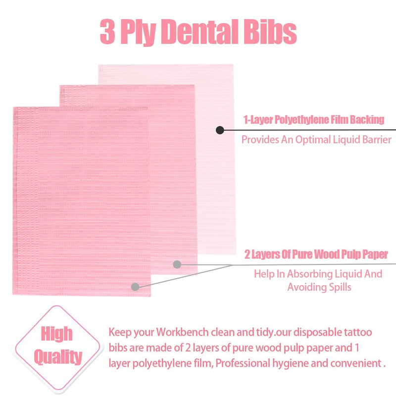 60 Pcs Dental Bibs Disposable for Patient, 13"x18", 3 Ply Waterproof Piercing Tattoo Paper Napkin Tissue Bib for Dental Clinic, Tattoo Station and Salon Pink