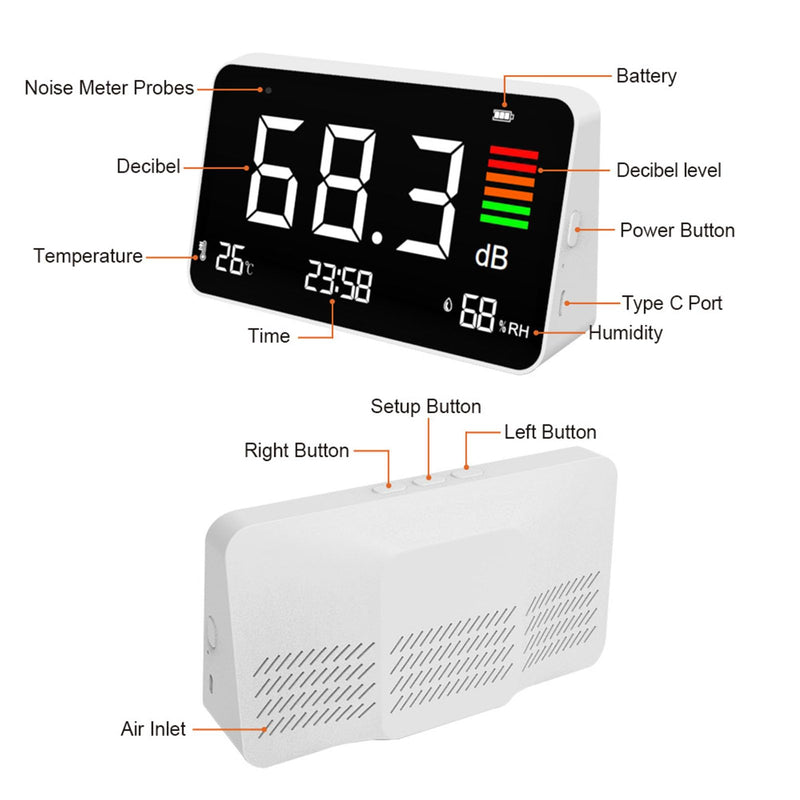 3 in 1 Decibel Meter Sound Level Meter 30-130 dBA with LED Display Temperature and Humidity Detector for Classroom Studio Home
