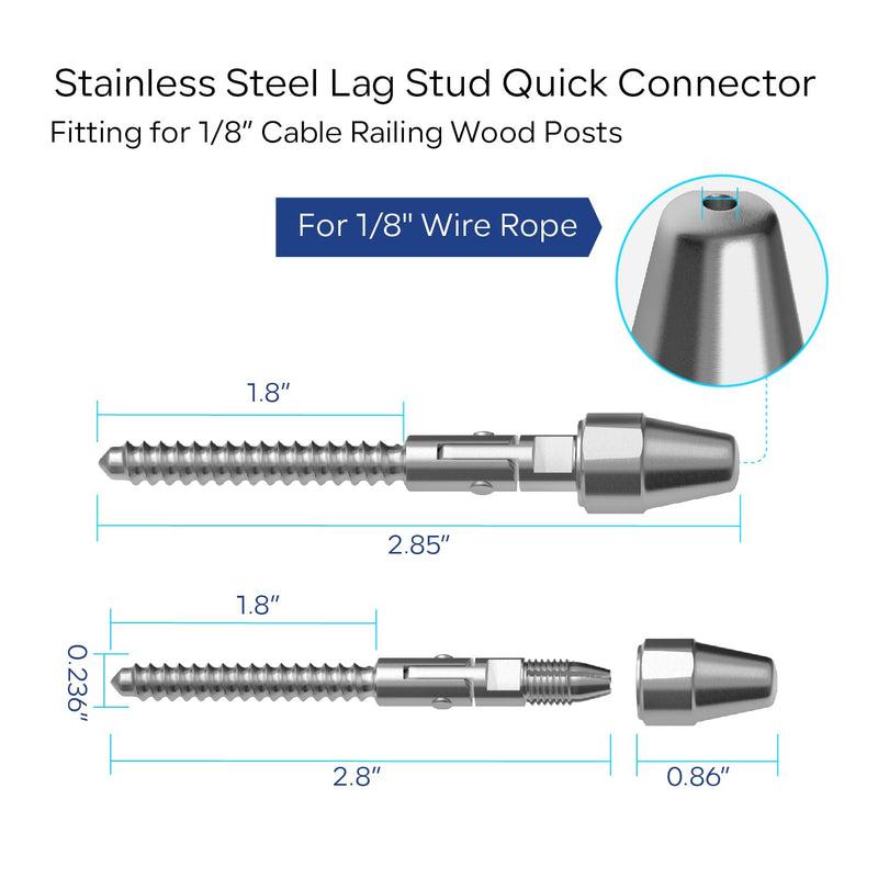 10 Pairs Cable Railing Kit QuickLock,Multi-Angle 180° Adjustable Right&Left Handed Thread Swageless Lag Screws for Wood Post of 1/8" T316 Steel Cable Railing System, Easy Installation,HF015SA