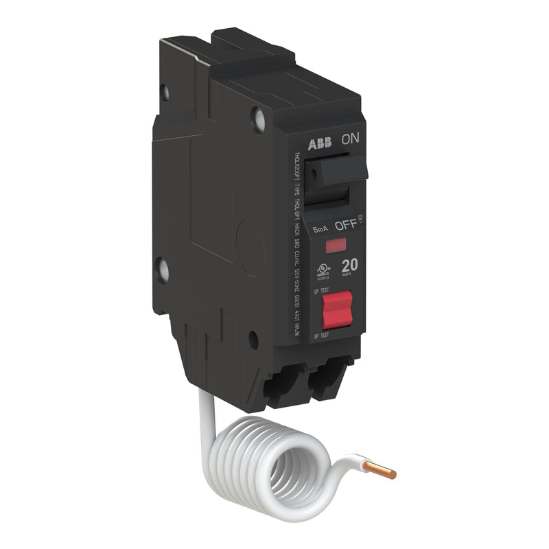 ABB Q-Line® THQL1120GFT Ground Fault Circuit Breaker • 20 Amp Single-Pole Breaker • GFCI Protection • 120/240 VAC • 10 kAIC Interrupt Rating • Plug-On Pigtail Breaker for Load Centers