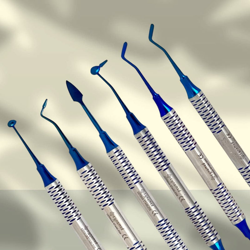 German Stainless-Dental Composite Non Stick Filling Instruments Kit in Stainless Steel Cassette (6 PCS Blue Titanium Coated)-Cynamed