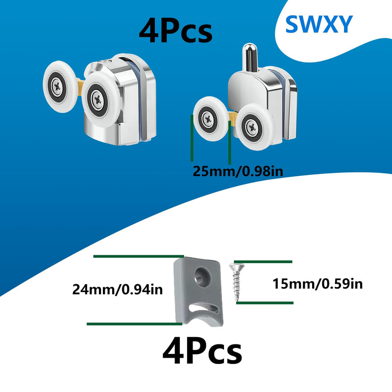 4Pcs Shower Door Roller 25mm Aluminum Alloy Shower Door Rollers Replacement with Anti Collision Block and Screws for 4-6mm Glass Door 4PCS