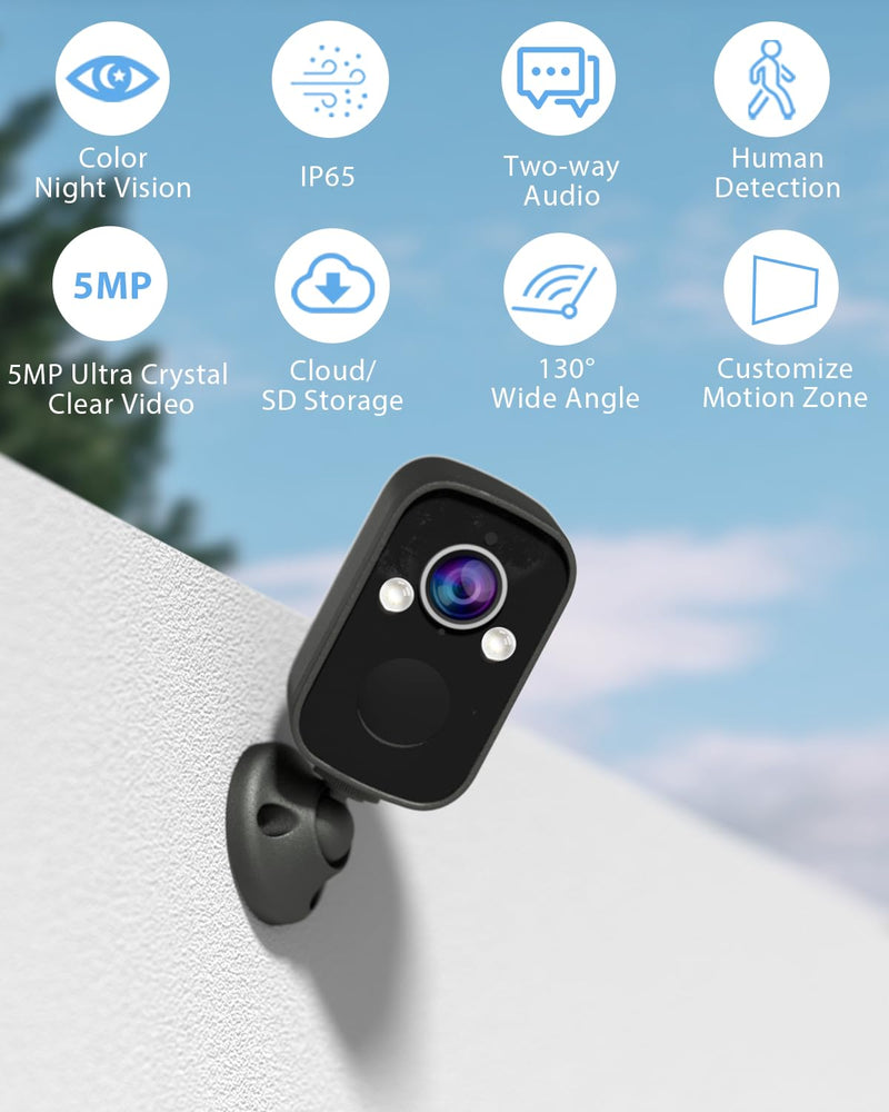 Rraycom Wireless Solar Security Camera Outdoor with Siren Alarm&Spotlight, 5MP Battery-Powered Security Camera with 130° Angle, AI Motion Detection,2-Way Talk, IP65, Cloud/SD Storage…