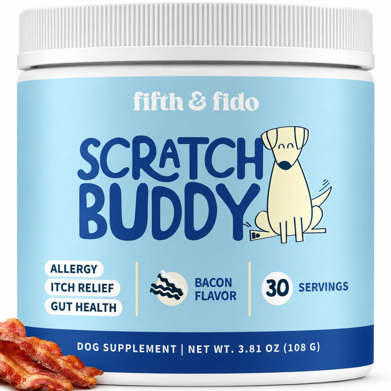 Fifth & Fido Dog Allergy Relief Formula - Natural Daily Food Topper Powder for Dog Itching Skin Relief & Immune & Gut Support - Pet Vitamins and Supplements with Turkey Tail, Quercetin & Probiotics
