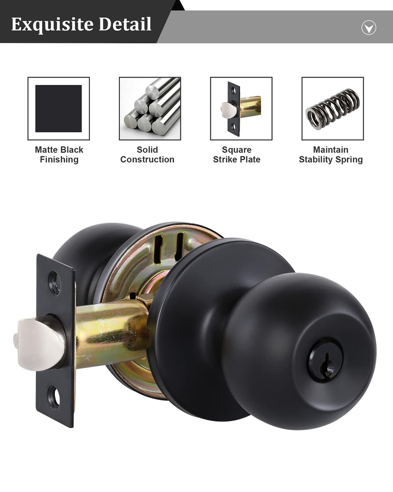 Lanwandeng Matte Black Door Knobs with Lock and Keys, Interior/Exterior Door Knob for Bedroom or Bathroom, Entry Door Lock 1 Pack Entry with Keys