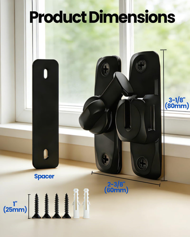 Barn Door Lock and Latche: Black 90/180 Degree Latch, Sliding Barn Door Locks, Small Sliding Gate Latch, Zinc-Alloy Bifold Door Latch for Cabinets, Bathroom, Window, Outdoor, Child Proof (2 Pack) 2 Pack