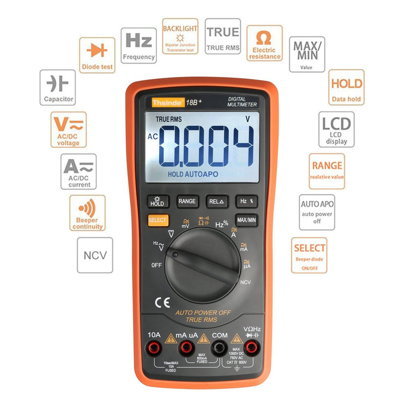 Auto Ranging Digital Multimeter TRMS 6000 with Battery Alligator Clips Test Leads AC/DC Voltage/Account,Voltage Alert, Amp/Ohm/Volt Multi Tester/Diode Orange