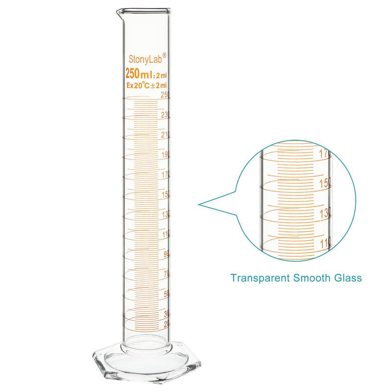 stonylab Graduated Cylinder, 2-Pack B Grade Borosilicate Glass Cylinder with Stable Hexagonal Base, 250 ml