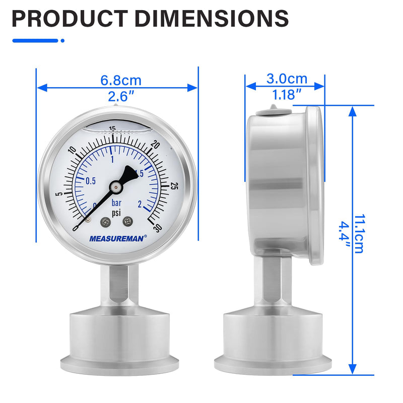MEASUREMAN Stainless Steel Sanitary Pressure Gauge, 2.5” Dial, 0-30 PSI Range, Glycerin Filled, 1.5” Tri Clamp Bottom Mount 2.5",0-30 psi/bar Lower Mount