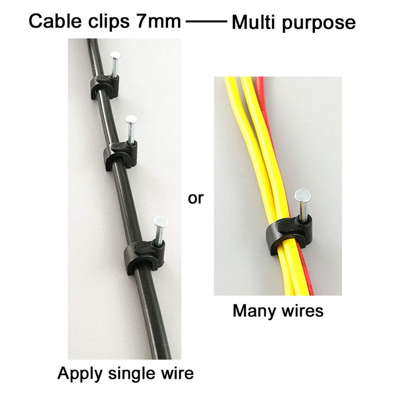 HS 7mm Ethernet Cat6 Cable Clips Clamps RG6 with Steel Nail (200 Pack) Wire Clips Black for Wall,Cord Management