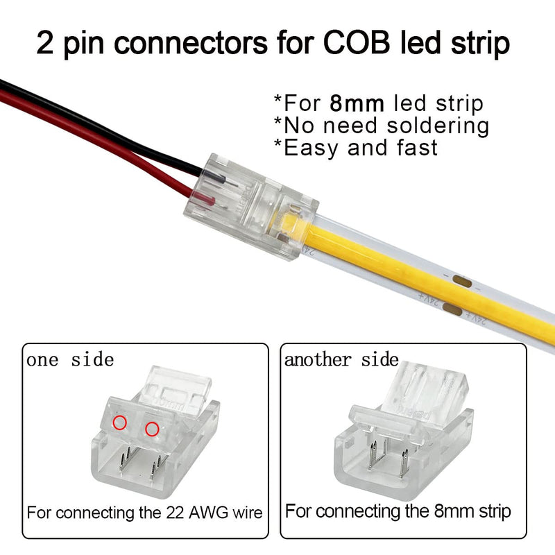 HAMRVL 12 Pack 8mm Cob Led Strip Light Connectors 2 Pin, Led Strip to Wire Solderless Transparent Track Lighting Adapter Connection with 6M/19.68ft Led Wire Extension Cable for White Led Tape 12/24V 2 Pin, 8mm