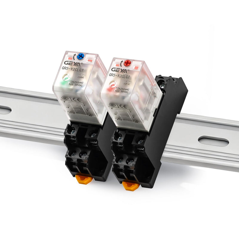 2PCS Electromagnetic Power Relay, 8-Pin DC 12V 10Amp DPDT Relay,LED Indicator, GR5-Y2CLGT with Socket Base and DIN Rail 12VDC-2pcs