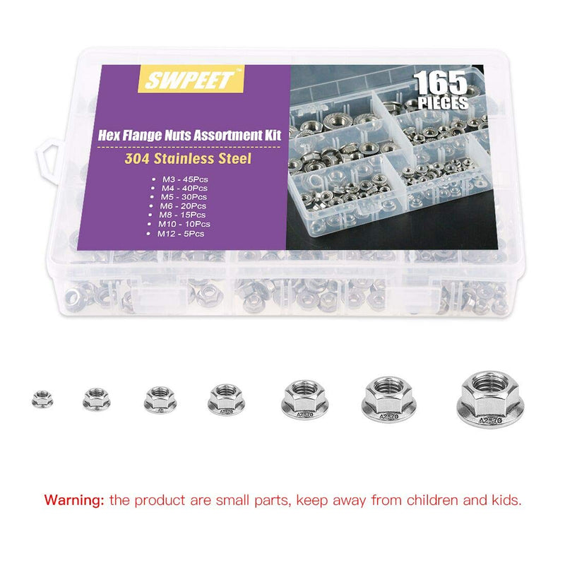 Swpeet 165Pcs 304 Stainless Steel Serrated Metric Flange Nuts Insert Hex Lock Nuts Assortment Kit - M3 M4 M5 M6 M8 M10 M12 M3-M12