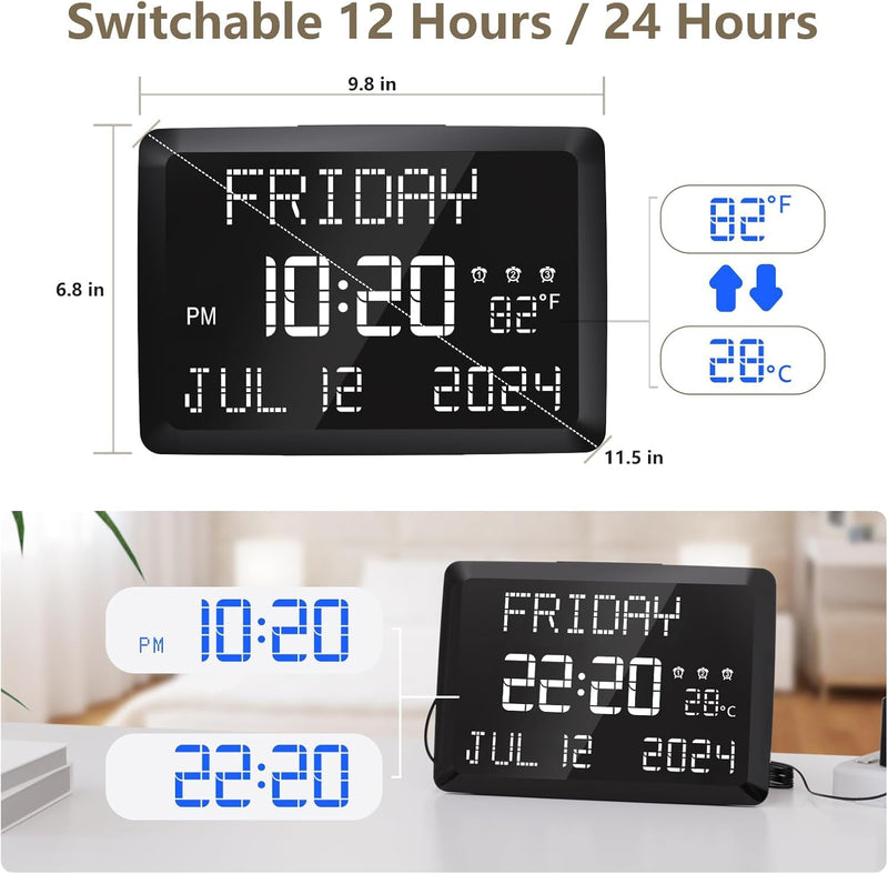 Raynic Digital Clock, 11.5" Large Display Calendar Clock with Day and Date, Indoor Temperature, Adjustable Brightness, Snooze,12/24H, DST for Home, Office, Elderly White Font