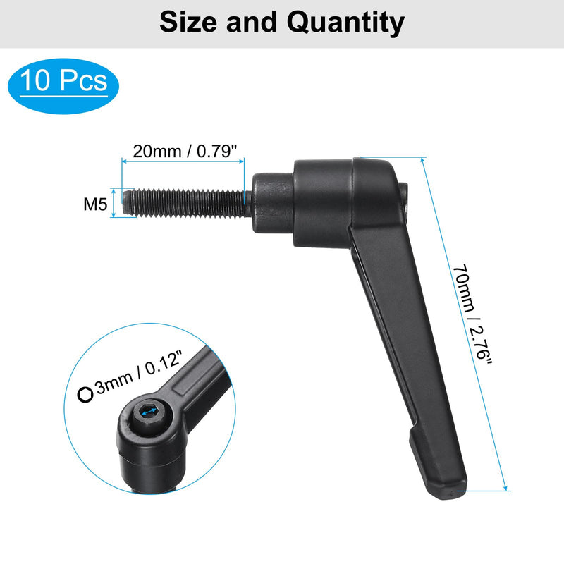 uxcell 10pcs Lever Adjustable Handles M5 x 20mm Metric Male Thread, Level Clamping Handle Hand Stud Knobs Rotating Screw Handles Bolts with Locking Lever, Black