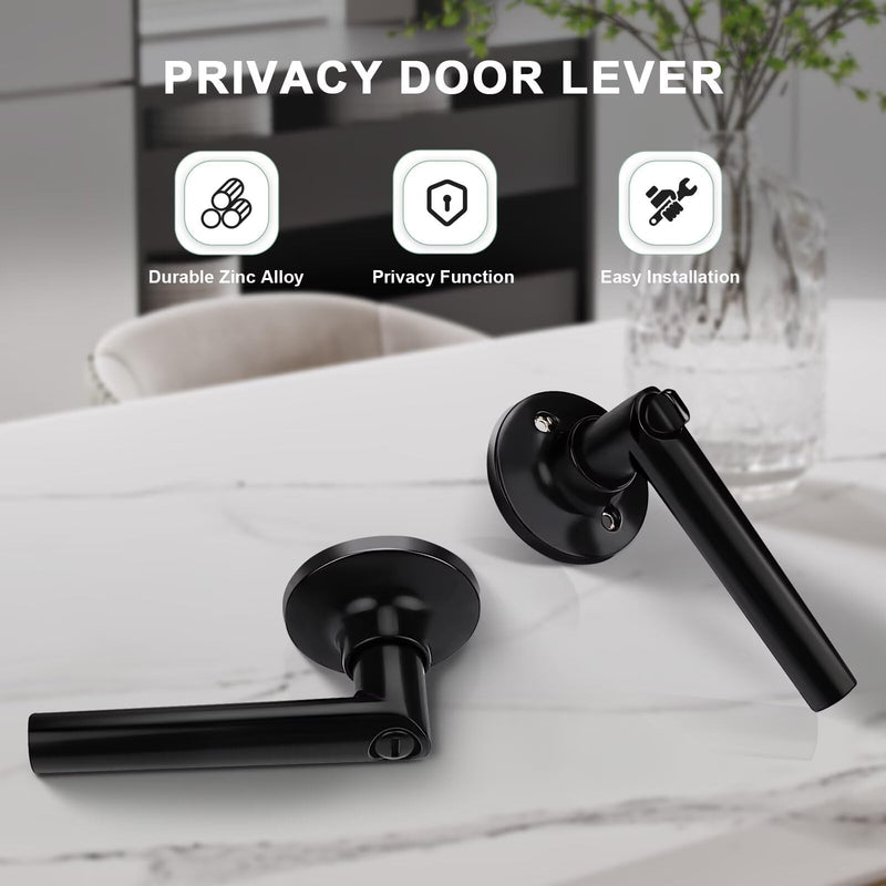 GOBEKOR 2 Pack Matte Black Door Handles Privacy Door Levers with Lock,Heavy Duty Interior Door Handles for Bedroom and Bathroom,Sleek Round Door Levers with No Key Privacy Door Handle