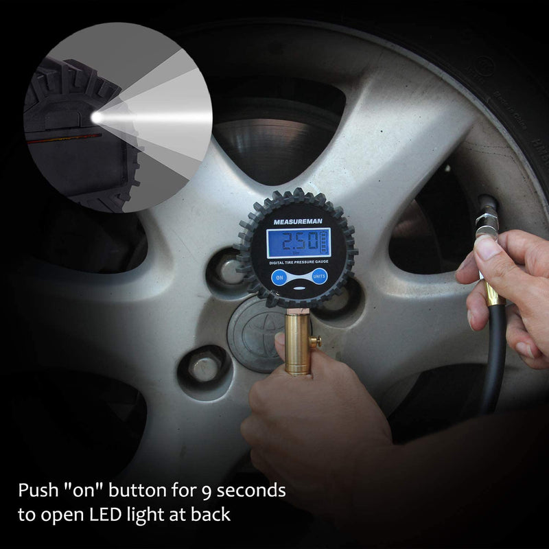 MEASUREMAN 2-1/2" Dial Size Digital Air Pressure Gauge with 1/4'' NPT Bottom Connector and Protective Boot, 0-200psi, Accuracy 1%, Battery Powered with LED Light Short thread