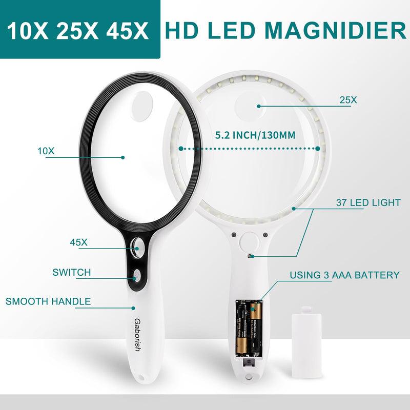 Large Magnifying Glass with 37 LED Light, 10X 20X 45X Handheld Illuminated Lighted Magnifier with 3 Light Modes for Seniors Reading, Inspection, Coins, Exploring Close Work Magnifier with 37 LED Light