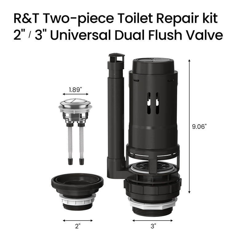 R&T Universal Dual Flush Valve for 2-piece Toilet with Top Push Button Toilet Repair Kit Inside Tank Compatible with 3-Inch and 2-Inch Toilet Drain Outlet A2422U 3-lnch Drain Outlet(Add 2" Converter）