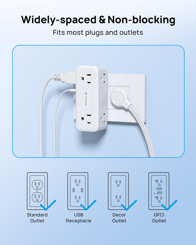 TROND Outlet Extender Surge Protector, 6 AC Outlet Splitter with 360° Rotating Plug, Multi Plug Adapter with PD 20W USB C, 900J, 2 USB-A & 2 USB-C, 3 Way Wall Extension Adapter for Home Office Travel 6A2U2C - PD20W - 1 PACK