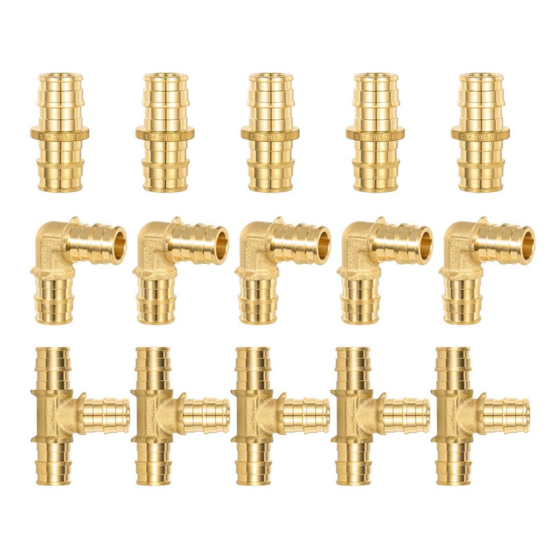 15 Pack 1/2" Pex-A Expansion Fittings Set, 5 Each Elbow Tee Coupling Heavy Duty Brass PEX-A Fittings for For Pipe-A pipe connection, NSF/ANSI 61 NSF 372 Certificate, ASTM F1960 Certified 1/2" Pex-A Coupling,Elbow,Tee (Each 5 Piece)