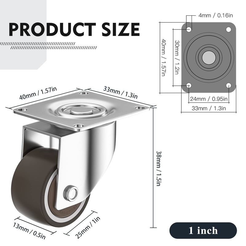 1 inch Caster Wheels Set of 4, Low Profile Wheels for Furniture, No Noise Mini Swivel Rubber Casters, with 360 Degree Top Plate for Small Furniture 1 "