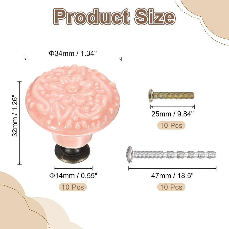 uxcell 10Pcs Ceramic Knobs, 34mm/1.34" Flower Pattern Mushroom Knob Raised Base Drawer Pull Handle Vintage Wardrobe Knobs with Screws for Vanity Bedroom Furniture Closet, Pink 10