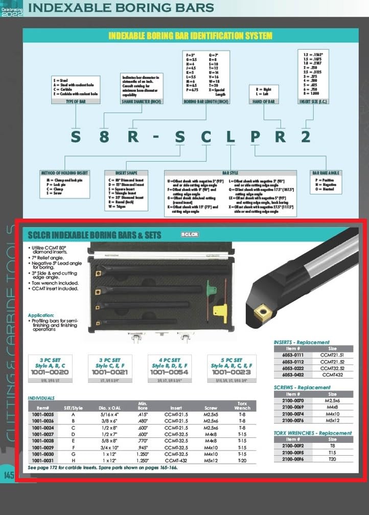 HHIP 1001-0026 3/8 x 6 Inch Shank S-SCLCR6-2 Indexable Boring Bar with Insert 3/8 Diameter x 6" OAL S06M-SCLCR2 Dimension Style B Set